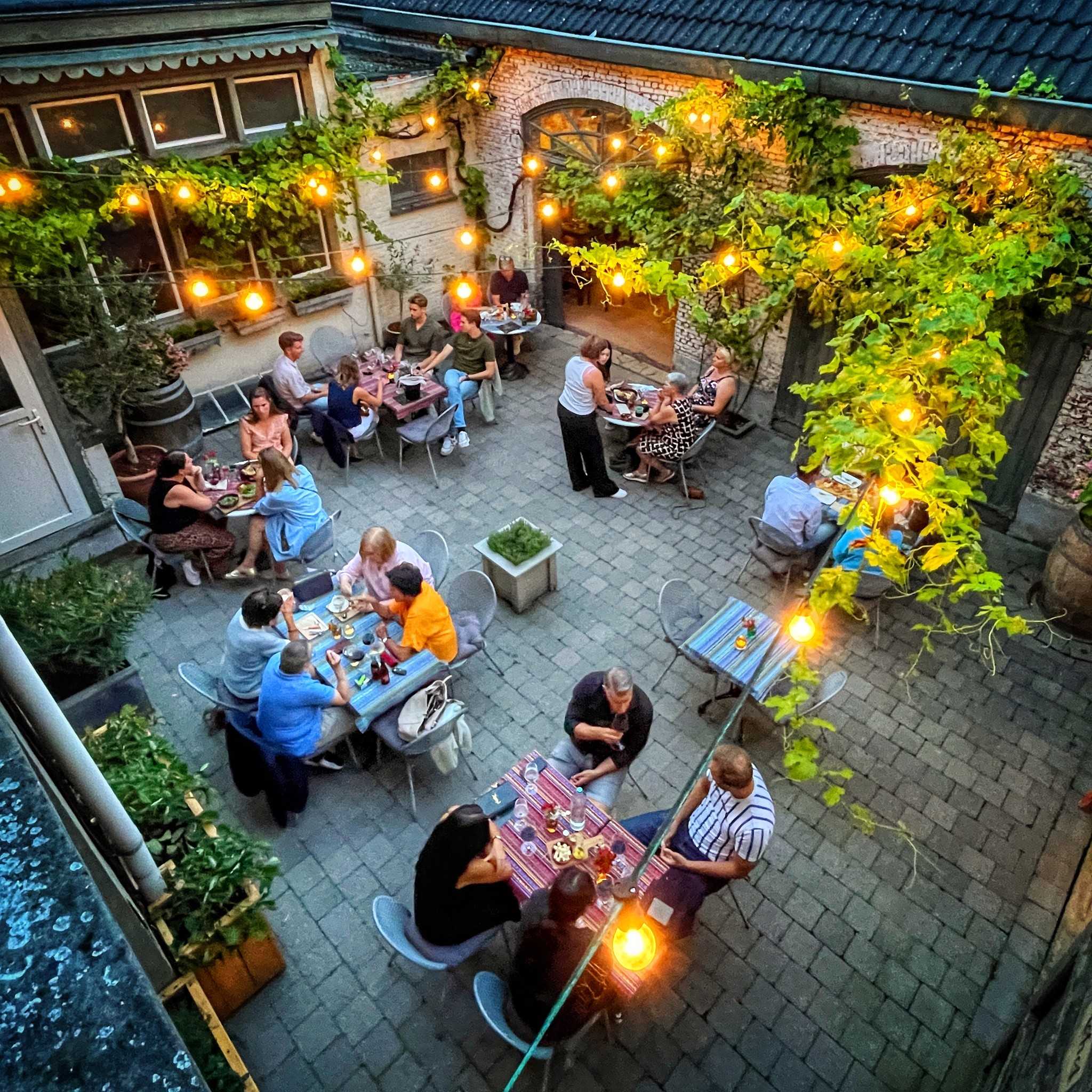 Avondsfeer op het terras van De Proeverij met lichtslingers en gasten